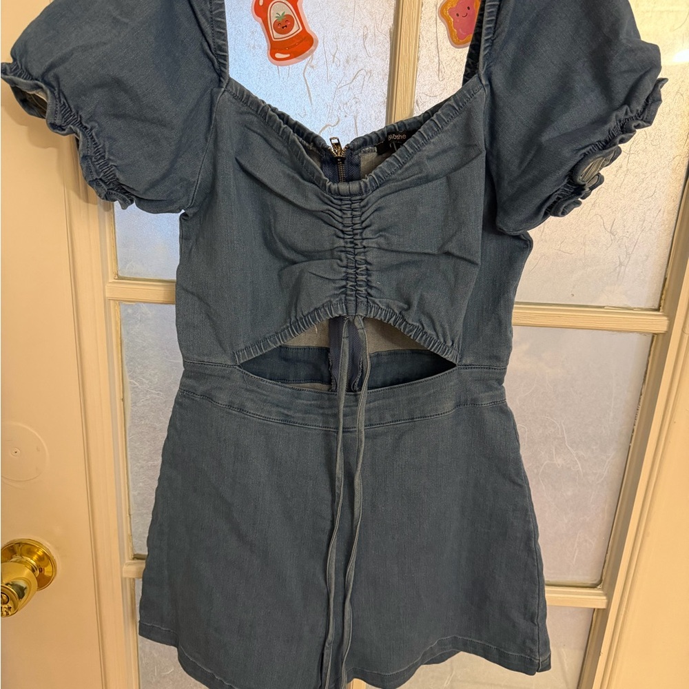 Blue Denim-Look Puff Sleeve Cutout romper